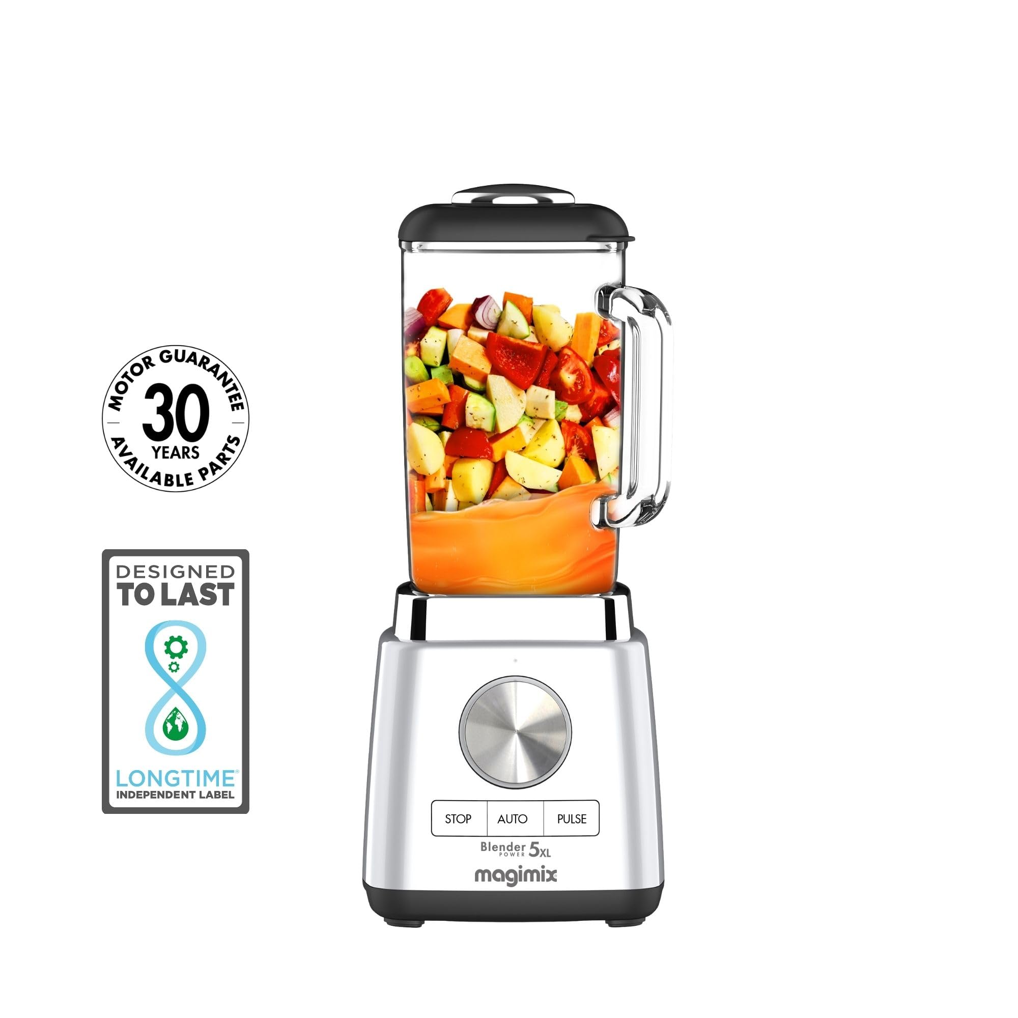 magimix Frullatore 2,8 L - Power Blender 5 XL - 1500 W, Caraffa in Vetro termoresistente, 4 Programmi Automatici, Smoothies, Zupper, Ghiaccio e Dessert, BPA Free - Acciaio opaco
