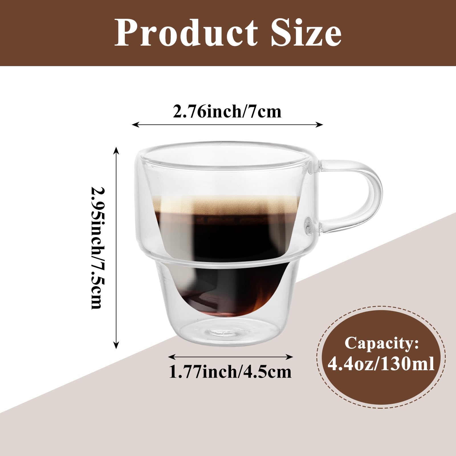 LOYORTY Double Wall Insulated Espresso Glass Cups, Stackable Clear Espresso Cups Set of 6, 4.4 oz Thermal Glass Shot Cup with Handle, Fit for Machine and Coffee Maker