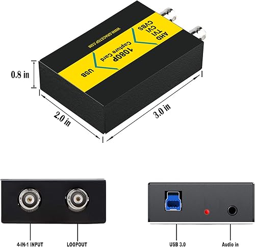 Miniatura 5 de Tarjeta de captura AHD con Loopout, 4 en 1 AHD/TVI/CVI/CVBS/AV/RCA a USB 3.0 Tarjeta de captura de video, tarjeta de captura CVBS 1080P para
