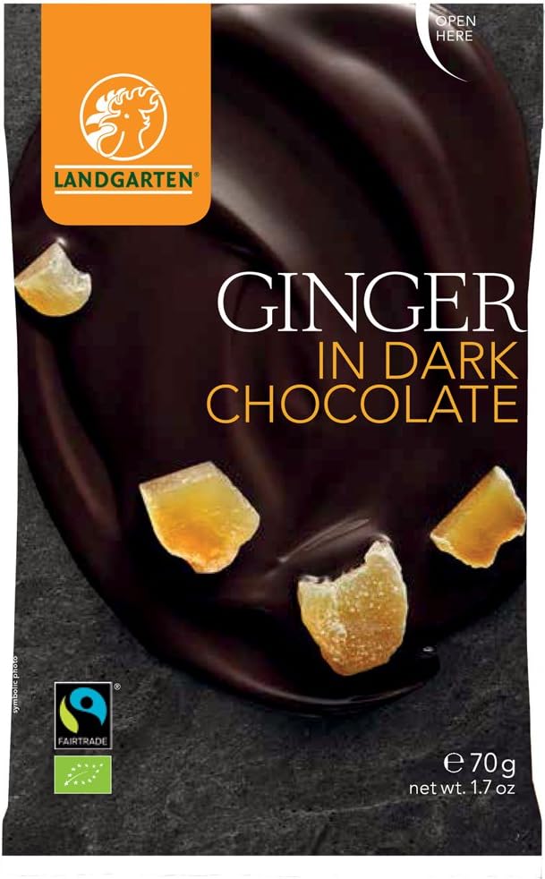 LANDGARTEN 62% Cocoa Organic Dark Chocolate Vegan Ginger Pieces 70g Bag - Crystallized Ginger Covered With Dark Chocolate. Fair Trade, Gluten Free, Indulgent Treat