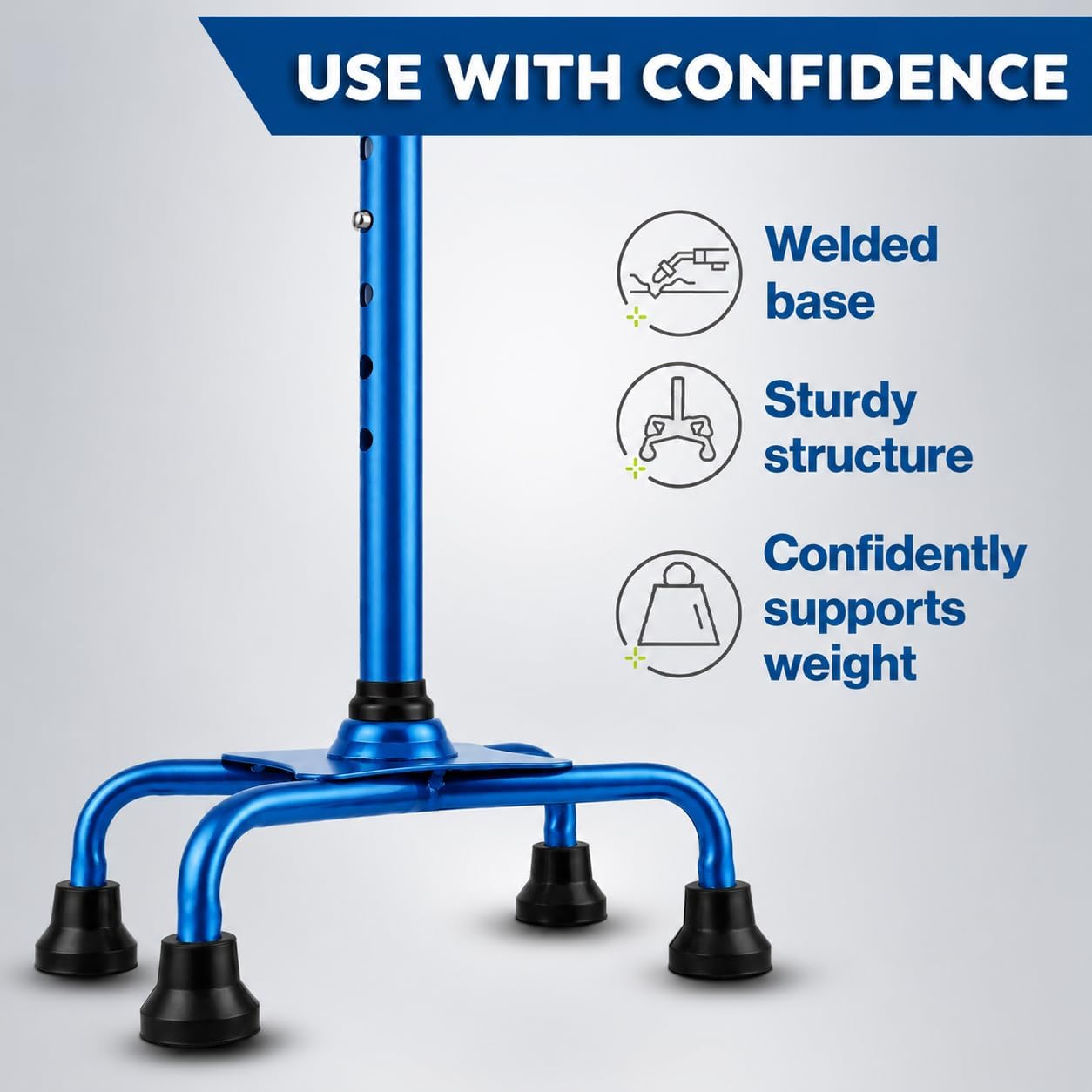 HONEYBULL Walking Quad Cane for Men & Women - Adjustable, Lightweight Quad Cane with Large 4 Pronged Base for Extra Balance & Stability (Blue)