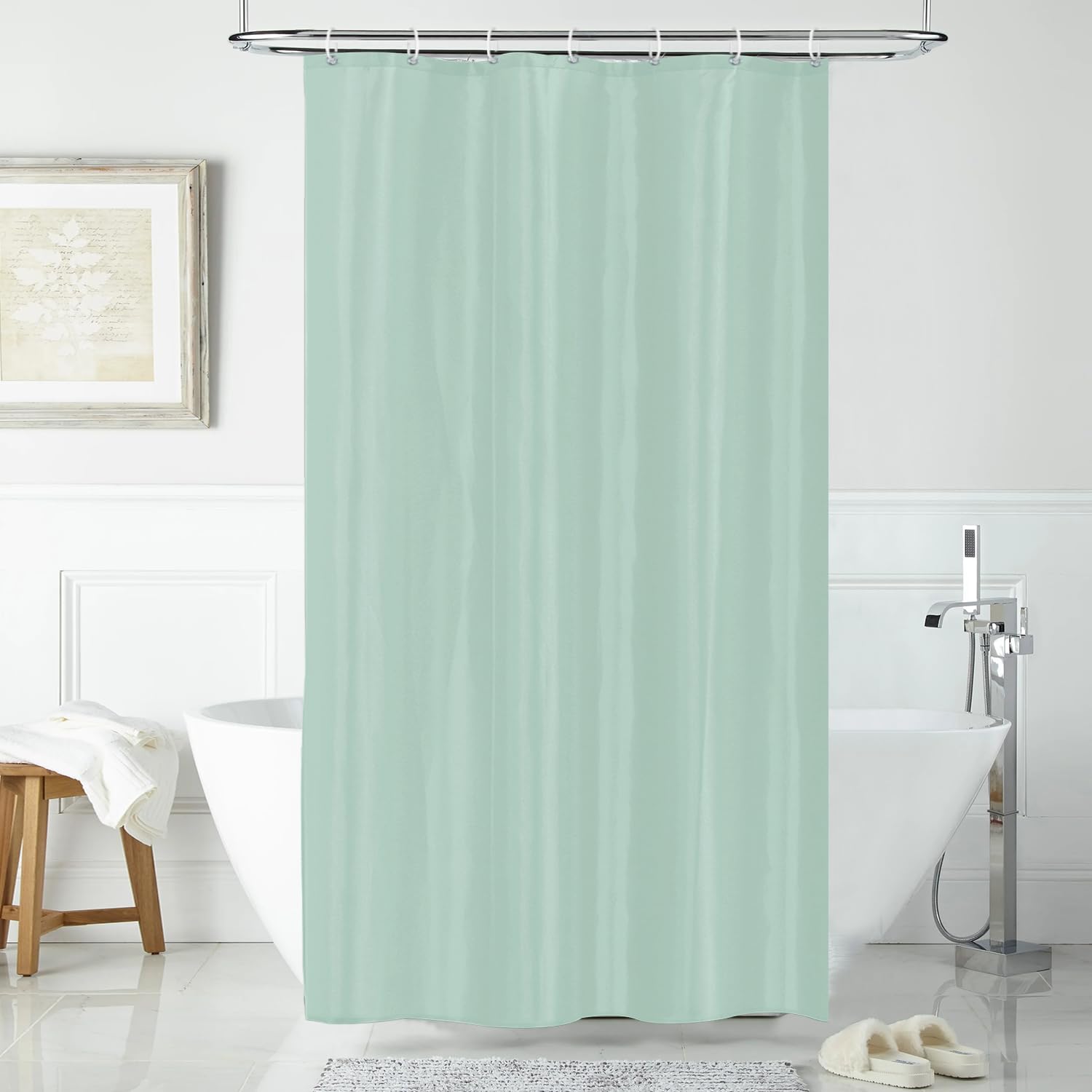 LUKDUNG 100 x 200 cm Polyester Textile Shower Curtain Anti-Mould for Bathroom, Curtain for Bathtub Shower Made of Fabric Waterproof Washable Shower Curtain with 7 Hooks Green — image 1