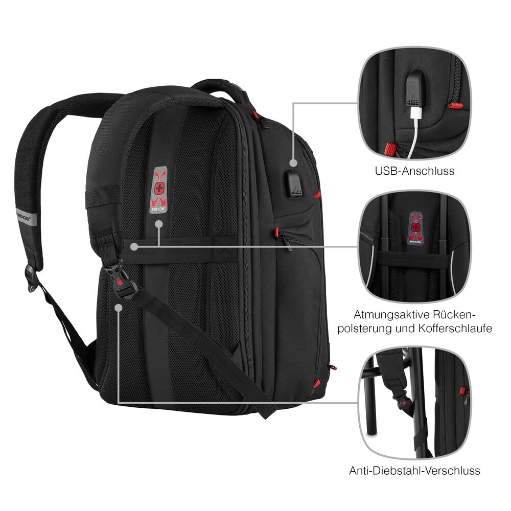 WENGER PlayerOne Gaming Laptop-Rucksack, Notebook bis 17 Zoll, Tablet bis 12 Zoll, Organizer, 29 l, Damen Herren, Business Uni Schule Reisen, Schwarz, 611650