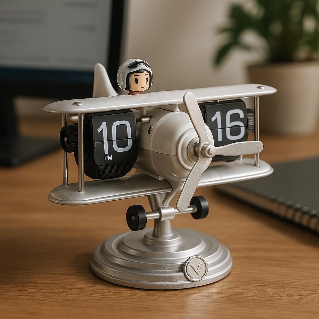 Airplane Flip Desk Clock,Retro Vintage Design, Silent Digital Table Clock with Auto Flip Mechanism, Battery Powered Large Number for Home Office Bedroom Hotel Café Decor (White)