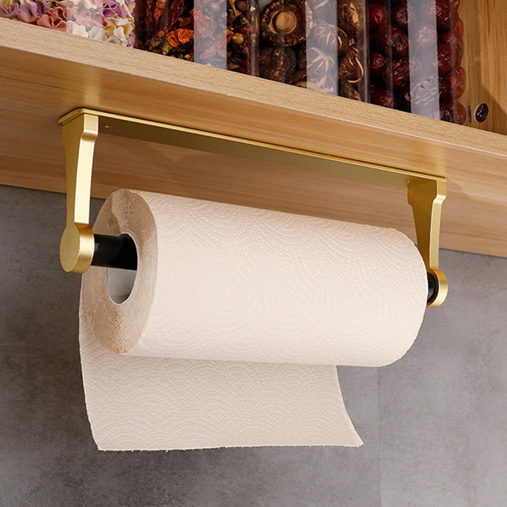Adhesive Or Drilling 12IN Gold Kitchen Paper Towel Holder Under Cabinet Aluminum Alloy Plastic Spring-Rod Wall Mount Under Counter Insider Door Holds