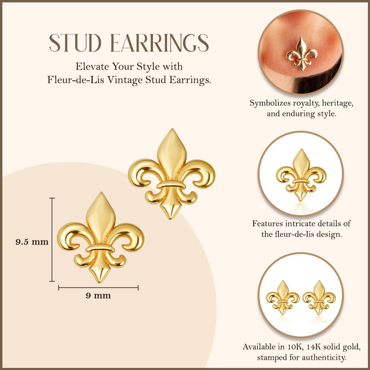 Claddagh Gold 10K & 14K Yellow Fleur-de-Lis Vintage Stud Earrings - Image 3