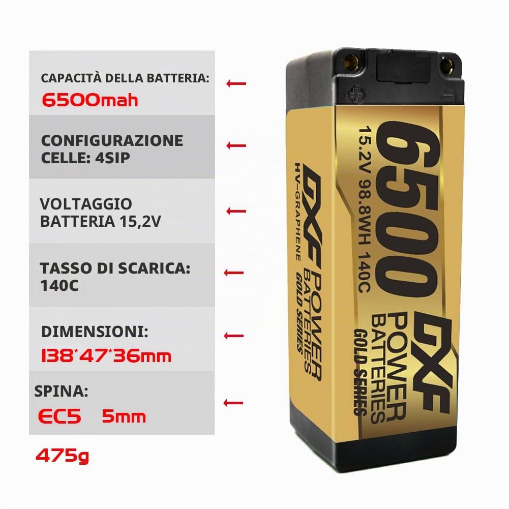 DXF Batteria LiPo 4S 15.2V 6500mAh 140C HV Spina EC5 Auto RC 1/8 1/10 Truck Buggy Monster Alte Prestazioni Potente Robusta Gare Racing Modellismo 1 Pezzo