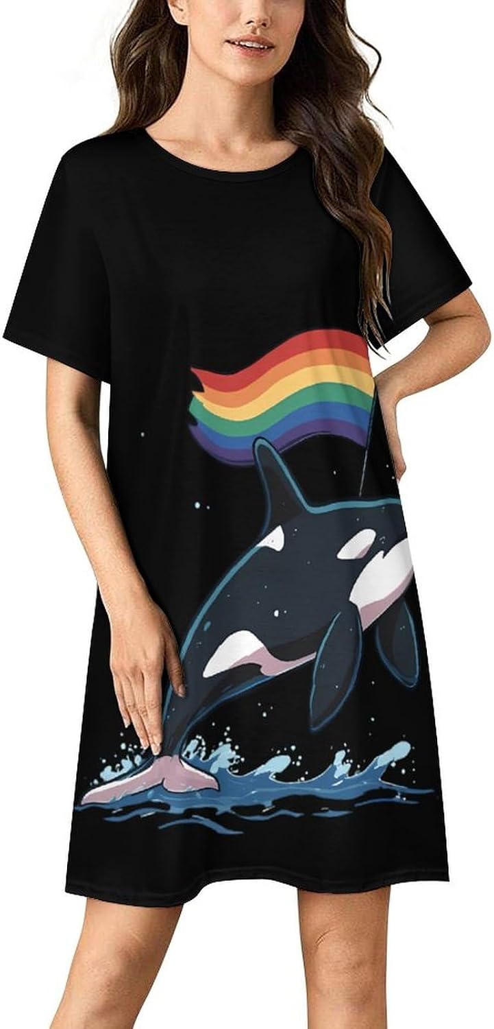 Orca Killer Whale Swimming Rainbow Flag Women's Nightgown Short Sleeve Sleep Shirt Casual Sleepwear Night Gowns Sleepdress