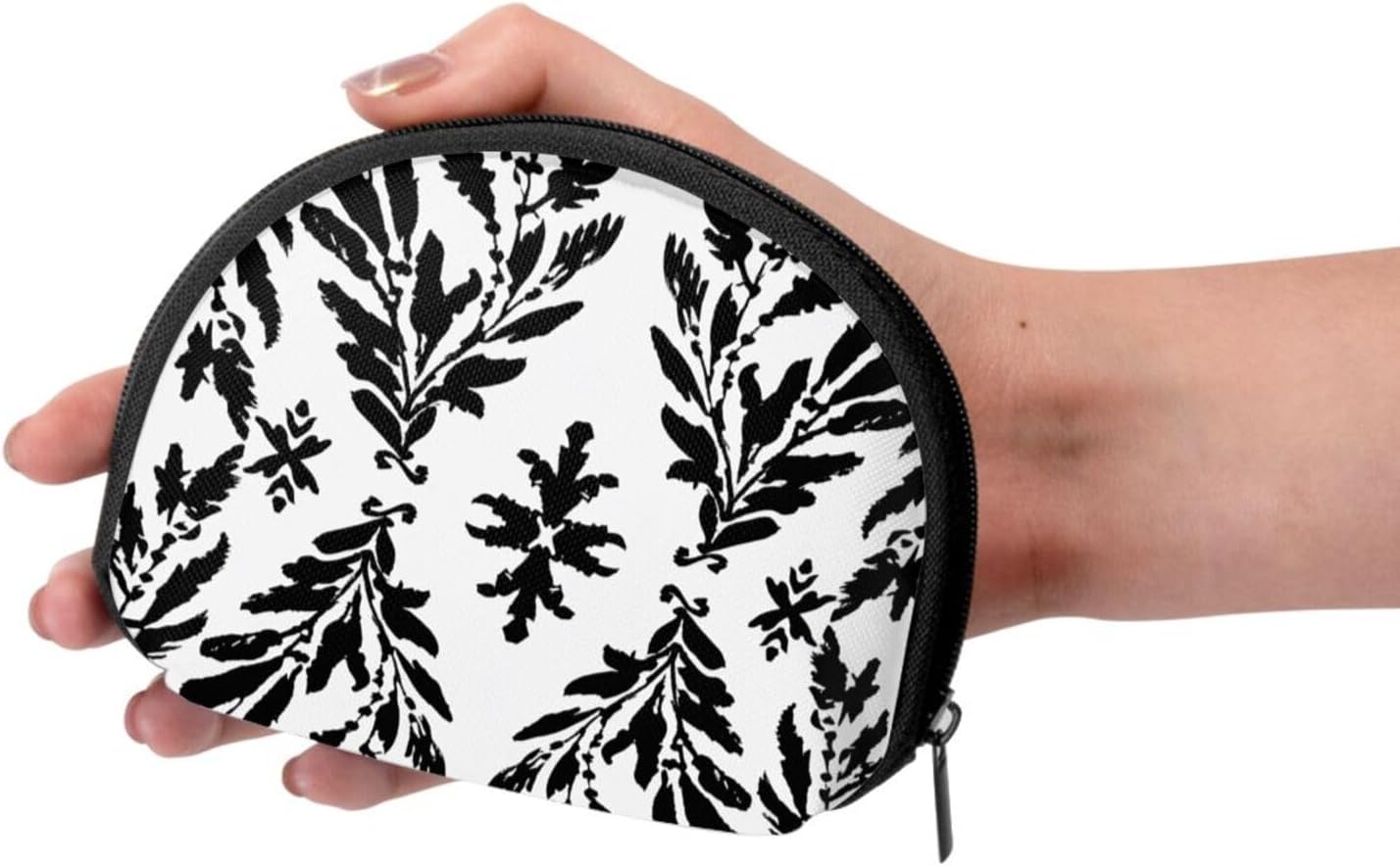 Black and White Leaves Printed Coin Purse for Women Cute Small Change Wallet Mini Coin Purses Pouch with Zipper
