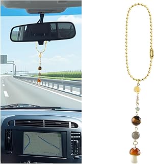 Mushroom Car Hanging Ornament, Cute Boho Crystal Stone Bead Vehicle Rear View Mirror Pendant Charm, Handmade Healing Dangling Automobile Interior Decoration, Universal Fit