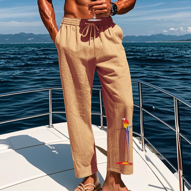 Men's Lightweight Loose Fit Comfy Pants Casual Summer Vacation Solid Color Trousers Parrot Printed Trendy Outfits Classic Drawstring Wide Straight Leg Streetwear Khaki M2