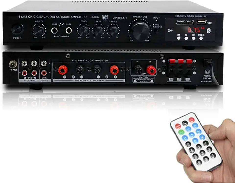 Amplificador De Som Surround 5.1 Imersivo PPLDABNK: Central De Áudio Definitiva Para TV, Karaokê E Home Theater Com USB, Rádio FM/AM E Subwoofer De Graves,Black