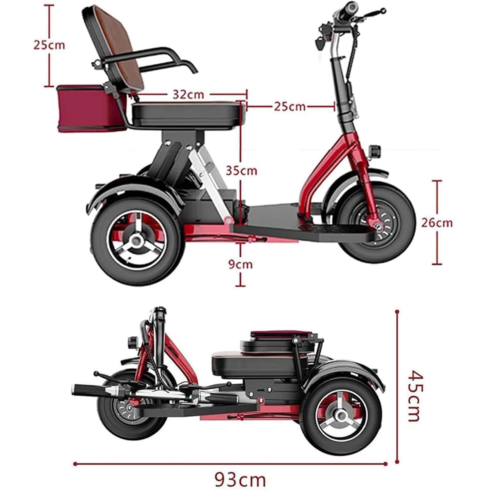 Monopattino per adulti, pieghevole, leggero, a 3 ruote, con fari a LED e cestino, sedile confortevole per anziani e disabili