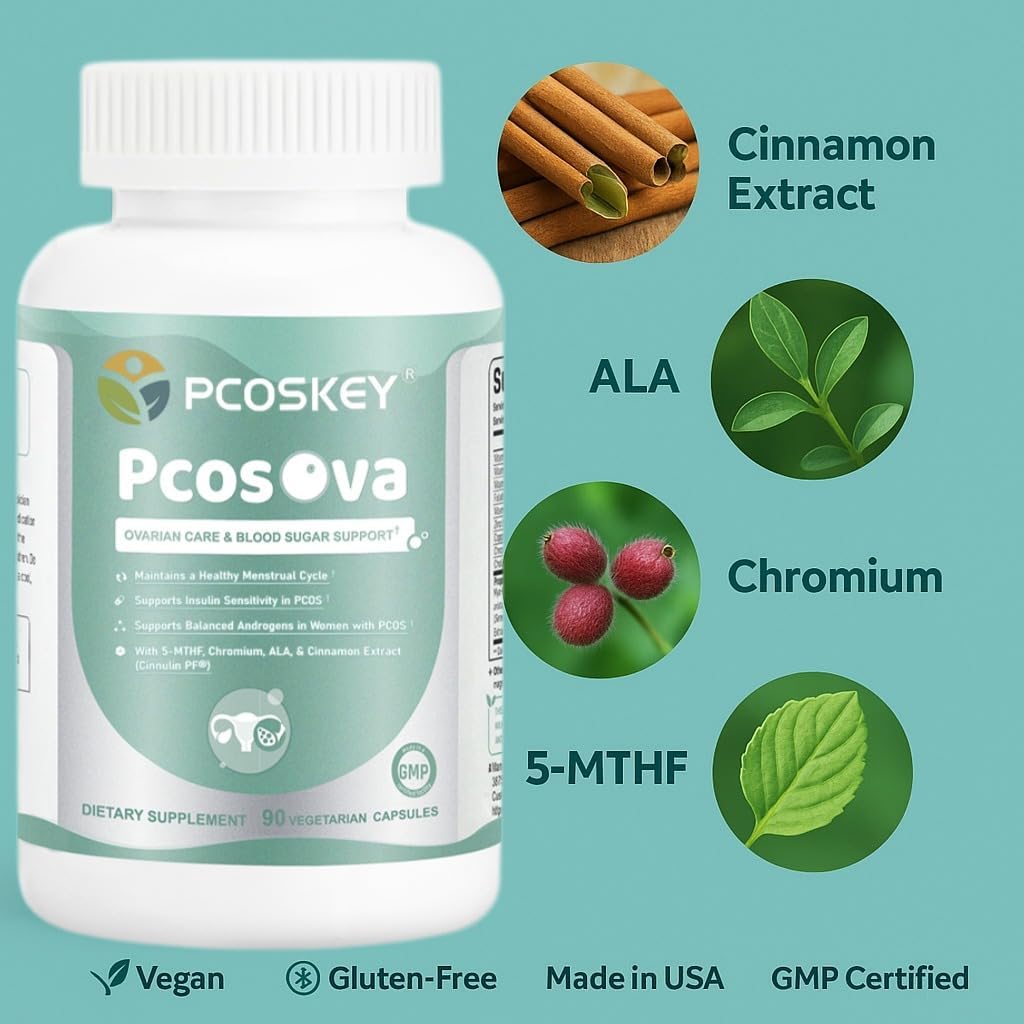 PcosOva Women's Hormone Balance Supplement - Supports Menstrual Cycle, Insulin Sensitivity & Androgen Balance - with Myo-Inositol, 5-MTHF, Chromium, ALA & Cinnamon - 90 Veggie Capsules