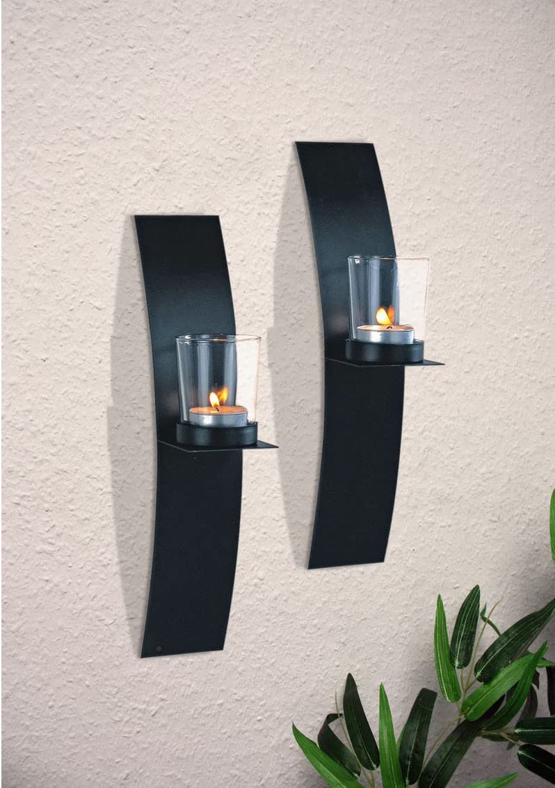 Novaliv 6X Wandkerzenhalter aus Metall mit Glas 29 x 10 x 6 cm Schwarz Kerzenhalter Teelichterhalter Wohnzimmer Dekoration Wanddeko Kerzen Vintage Deko Teelicht Wandhalter