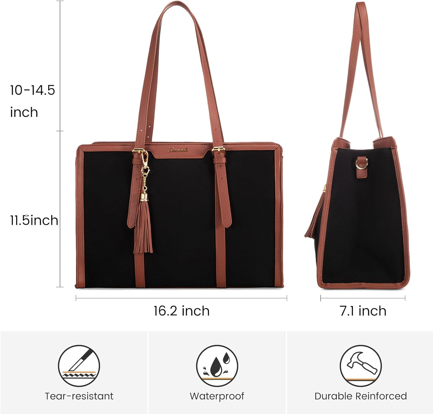 LOVEVOOK Laptop Bag for Women 15.6 inch Lightweight Canvas Laptop Tote Bag, Large Capacity Computer bag with Clutch Purse for Business, Work, Office, Travel, School（Black & Brown，15.6 Inch） - Image 4