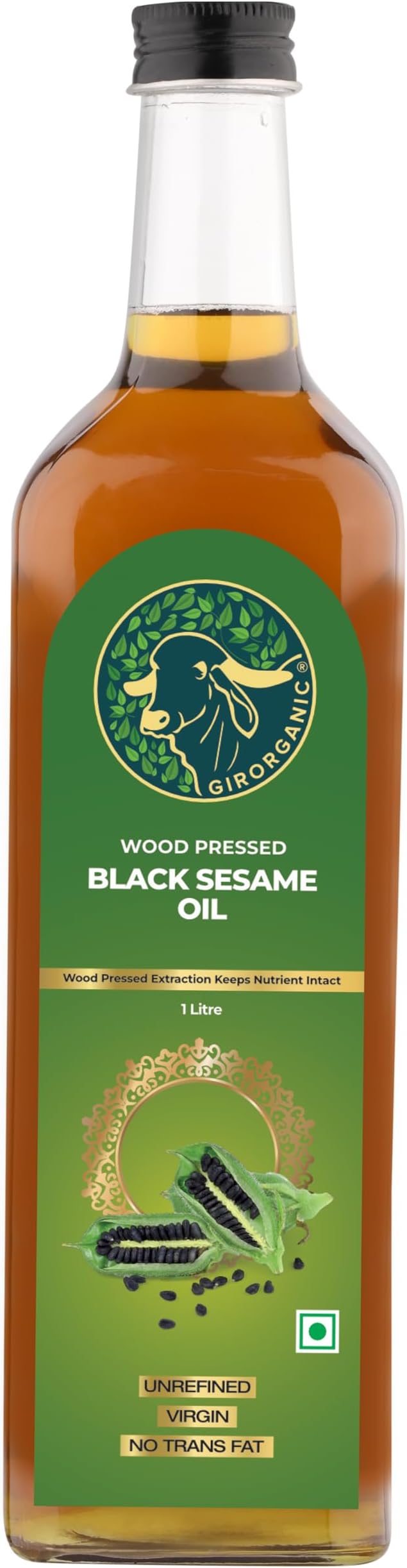 GirOrganic Wood Pressed Black Sesame Oil, 1000ml (Kacchi Ghani) Glass Bottle