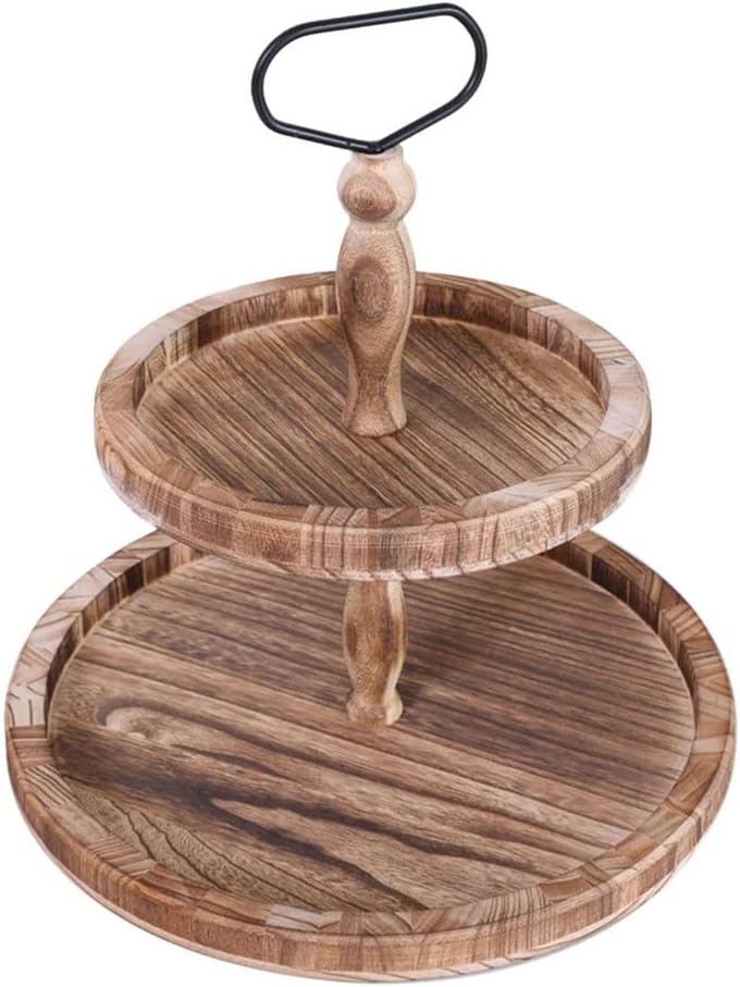 FMURY Coffee Party Dining Room Table Tea Home Multifunction Decorative Organizer Breakfast for Kitchen Countertop Wood Two Tier Tray