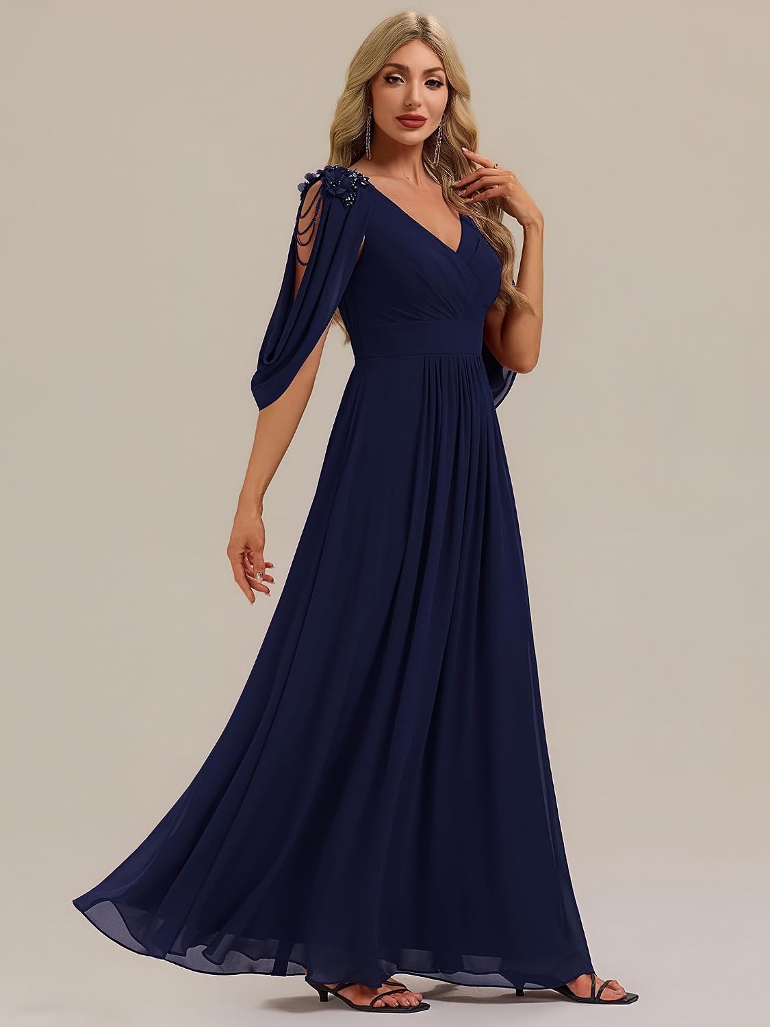 Ever-Pretty Women's Trendy Chiffon V-Neck Formal Evening Dress Convertible Applique Sleeves Mother of Bride Dresses