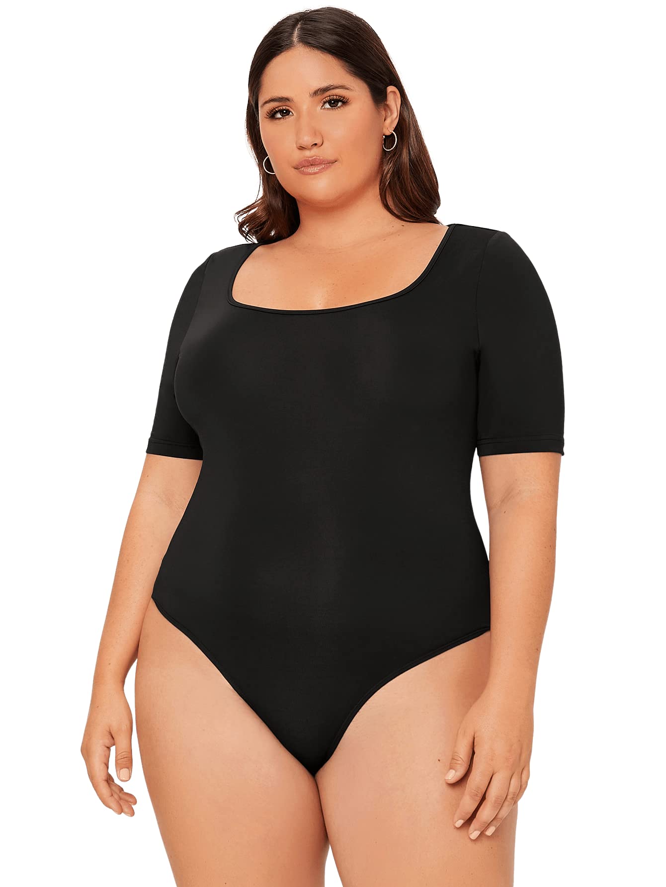 OYOANGLE Women's Plus Size Basic Short Sleeve Bodysuit Scoop Neck T Shirts Bodysuit Black 0XL