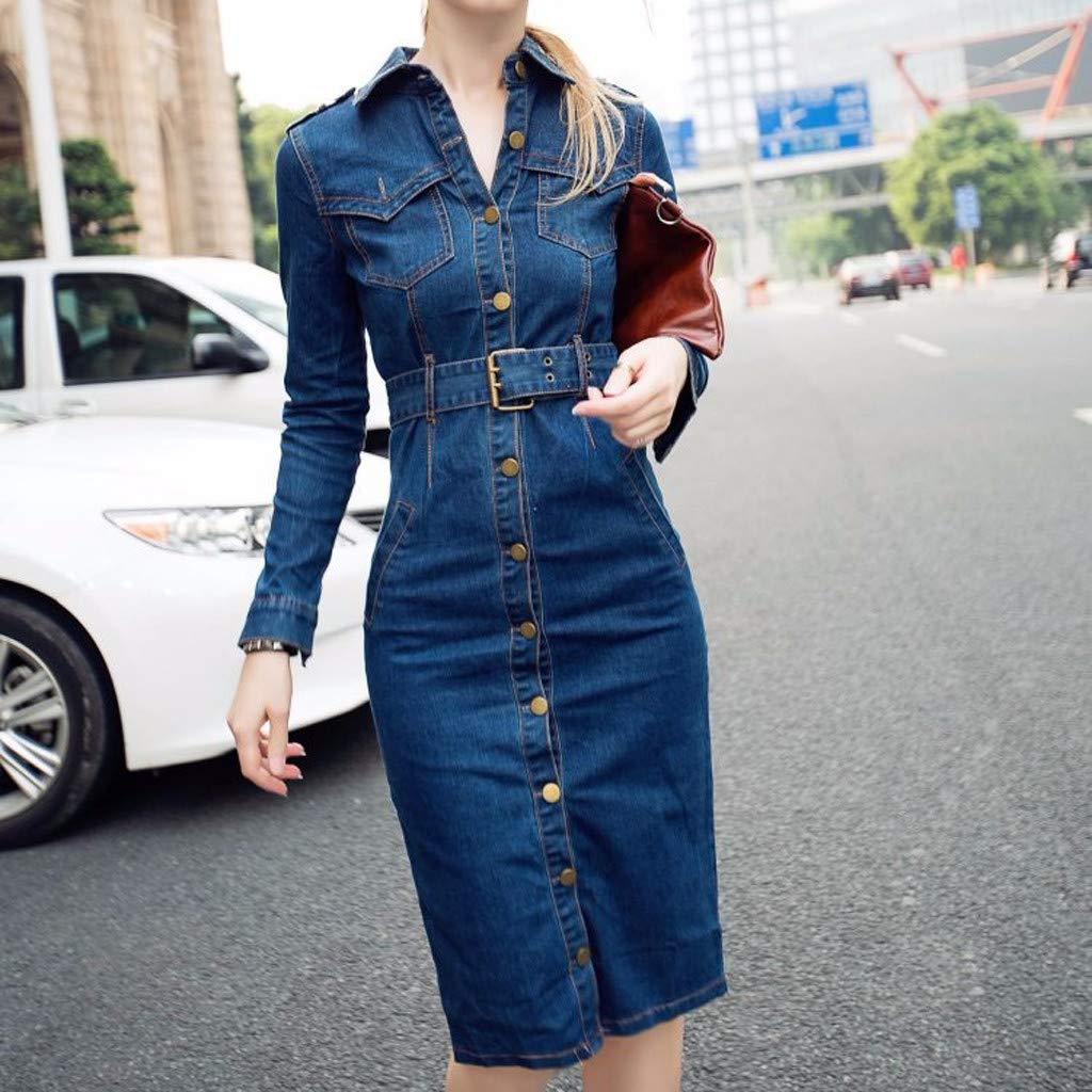 Damen Frühling Sommer Elegant Bodycon Jeanskleid Langarm Rundhals Knopf Knielang Epaulet Denim Blusekleid Partykleid Cocktail Kleid Mit Gürtel Denim Kleider Slim Fit Wickelkleid Knielang Midi Kleid