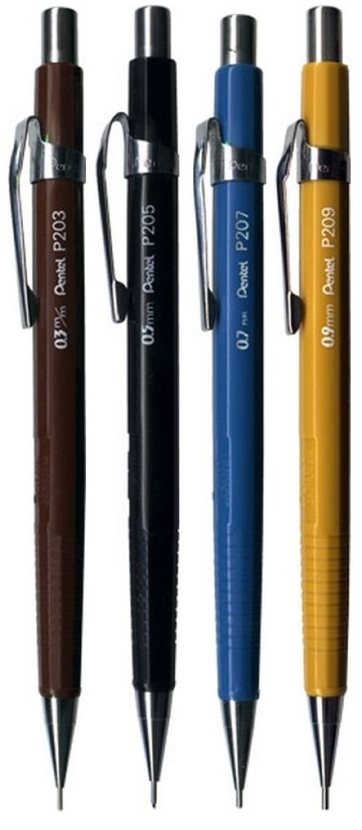Pentel Assorted Size Pack P200 Series Automatic Mechanical Draughting Pencil Refillable Lead Eraser (1 Of Each Size - 4 Pens - 0.3mm, 0.5mm, 0.7mm, 0.9mm)