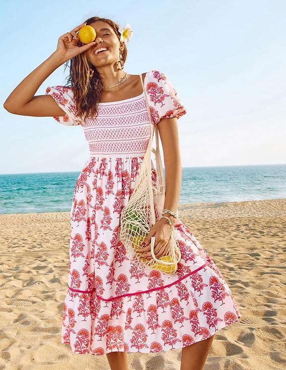 Damen Smocked Mieder Floral Midi Kleid Quadratischer Ausschnitt Kurze Puffärmel A-Linie Kleid mit Taschen Casual Sommer Strand Sonnenkleid – Bild 5