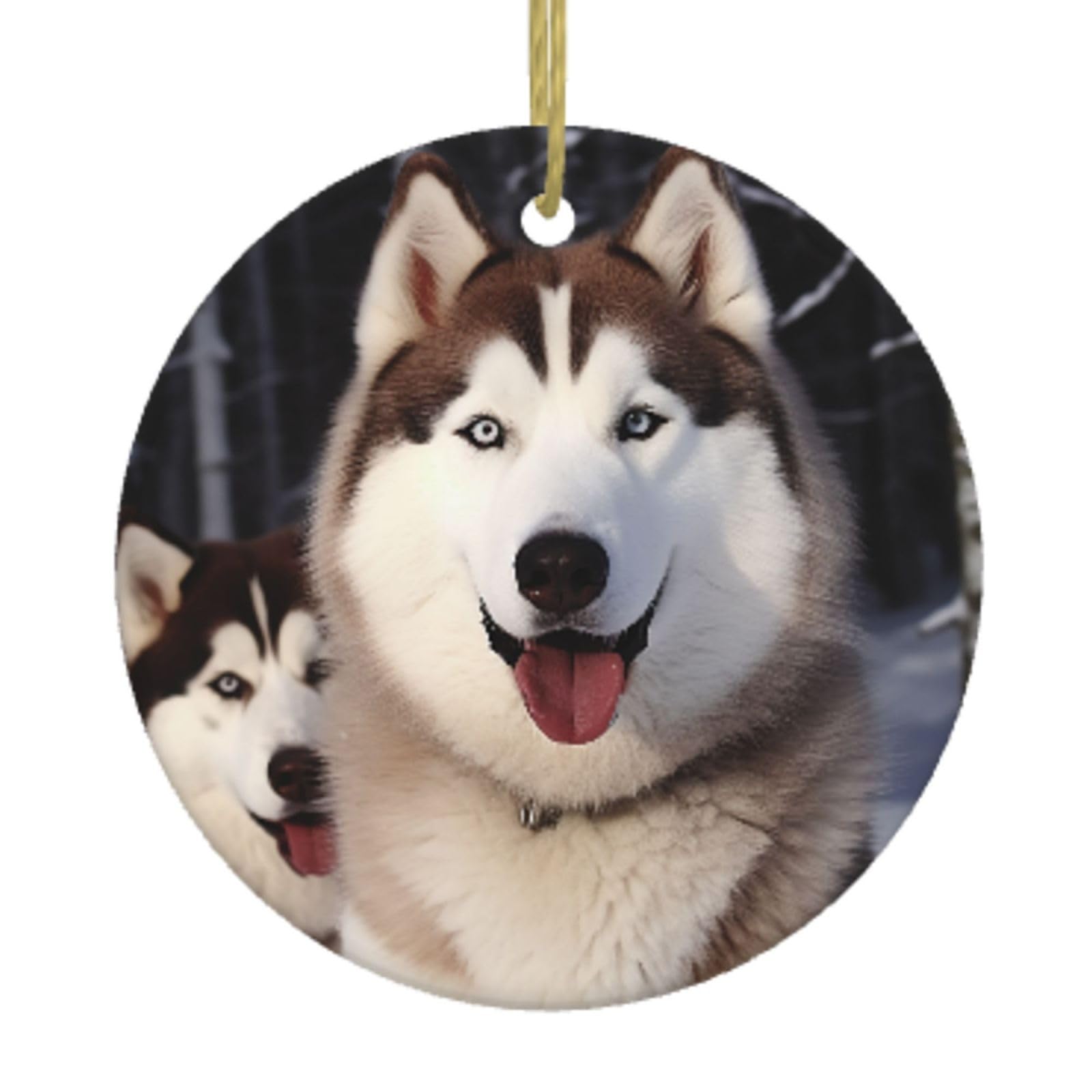 Ceramic Christmas Tree Hanging Ornaments with Gold Ropes Christmas Tree Decorations Round Ceramic Huskies Pendant Keepsake Decorations for Holiday Xmas Gift Ideas