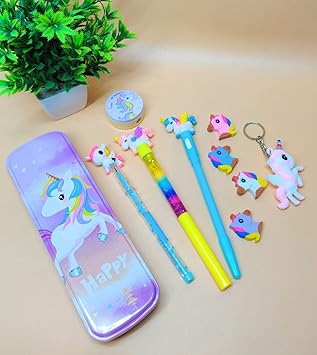 Tera13 (Pack of 7 Items) Unicorn Combo Unicorn Stationary for School Unicorn Steel Pencil Box with Unicorn Glitter and led Pen Unicorn Pencil Sharpener Coin Pouch Eraser