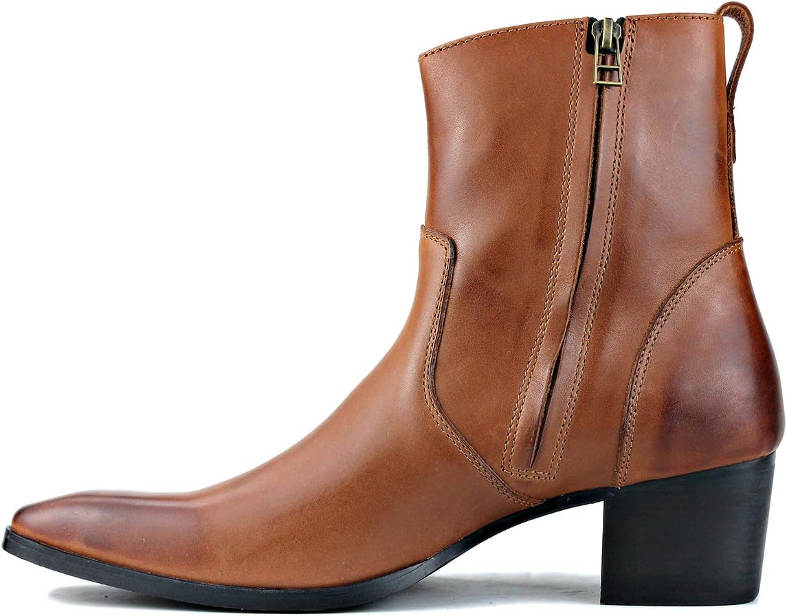 OSSTONE Dress Boot for Men Leather Chukka Designer Boots Calfskin Casual Heel Shoes Zipper-up OS-JY002-Black-Calfskin-US - Image 3