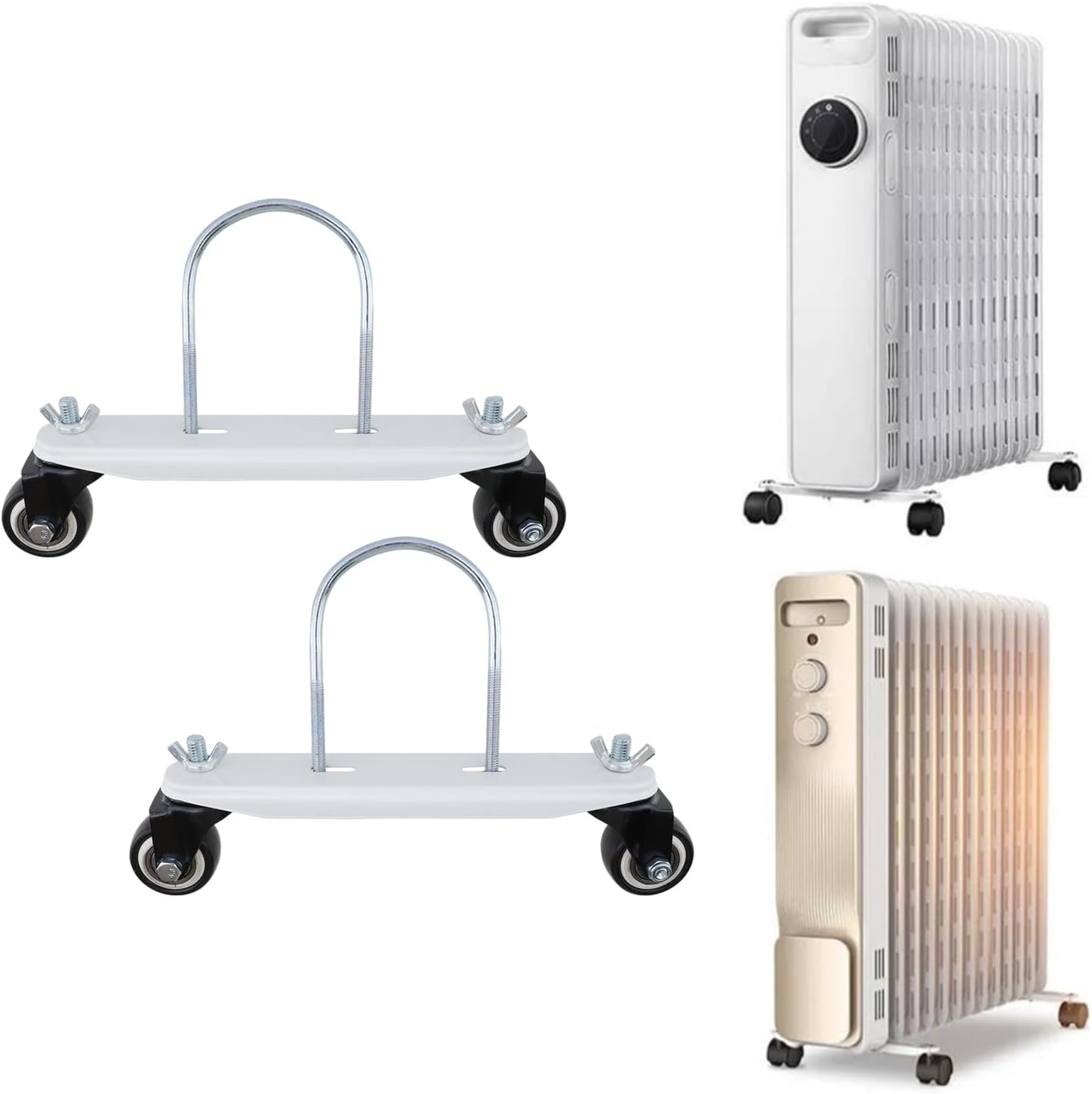 2pcs Mobile Pulley Holders Metal Mobile Pulley Brackets Electric Heater Caster Frame Base with 360° Swivel Wheels for Oil Filled Radiator (White Wheel)