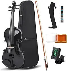 Violino 4/4, Violino Acústico Preto 4/4 de Tamanho Completo, Conjunto Completo com Capa, Afinador, Suporte de Ombro e Arco, para Iniciantes