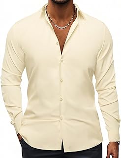 Hi-Tie Men's 4 Way Stretch Dress Shirts Long Sleeve Button Down Wrinkle Free Casual