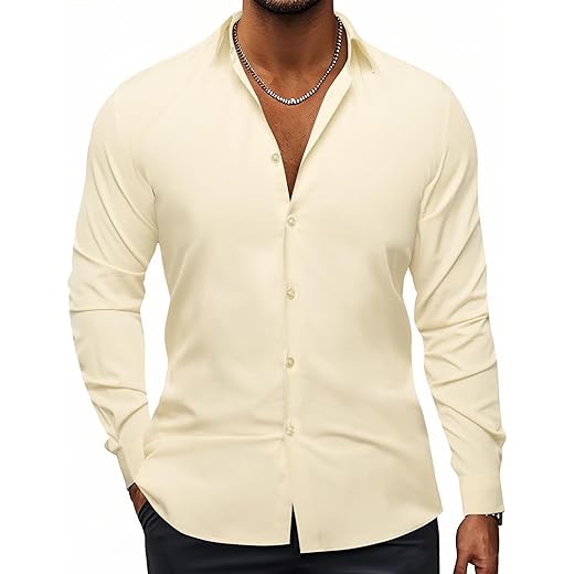 Hi-Tie Camisa social masculina elástica em 4 direções, sem rugas, manga comprida, casual, abotoada