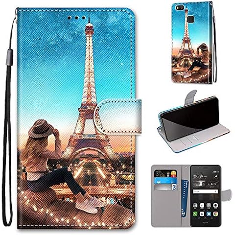 Miagon Flip PU Leder Schutzhülle für Huawei P9 Lite,Bunt Muster Hülle Brieftasche Case Cover Ständer mit Kartenfächer Trageschlaufe,Turm Mädchen Cover