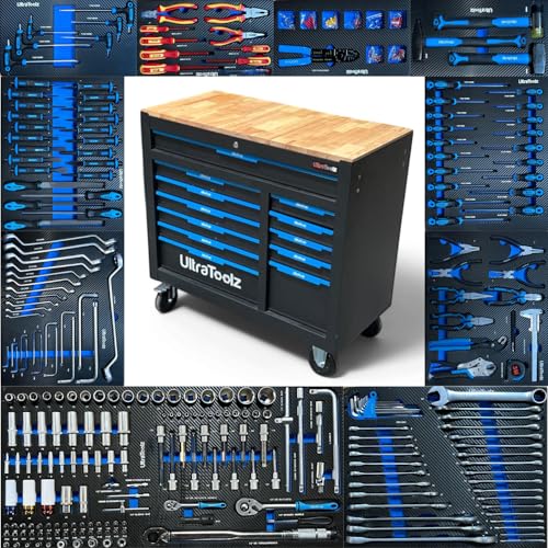 UltraToolz XXXL Jumbo Werkstattwagen befüllt mit Werkzeug 12 Schubladen + Drehmomentschlüssel - Chrom Vanadium Werkzeugwagen Rollwagen Profi-Line, Rollwagen zur Werkzeugaufbewahrung mit Schloss