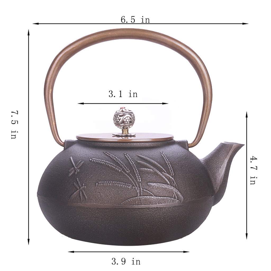 Żeliwny czajnik w stylu japońskim, ręcznie robiony zestaw do herbaty, żeliwny czajnik, wzór ważki i rośliny, duży, 1300 ml.
