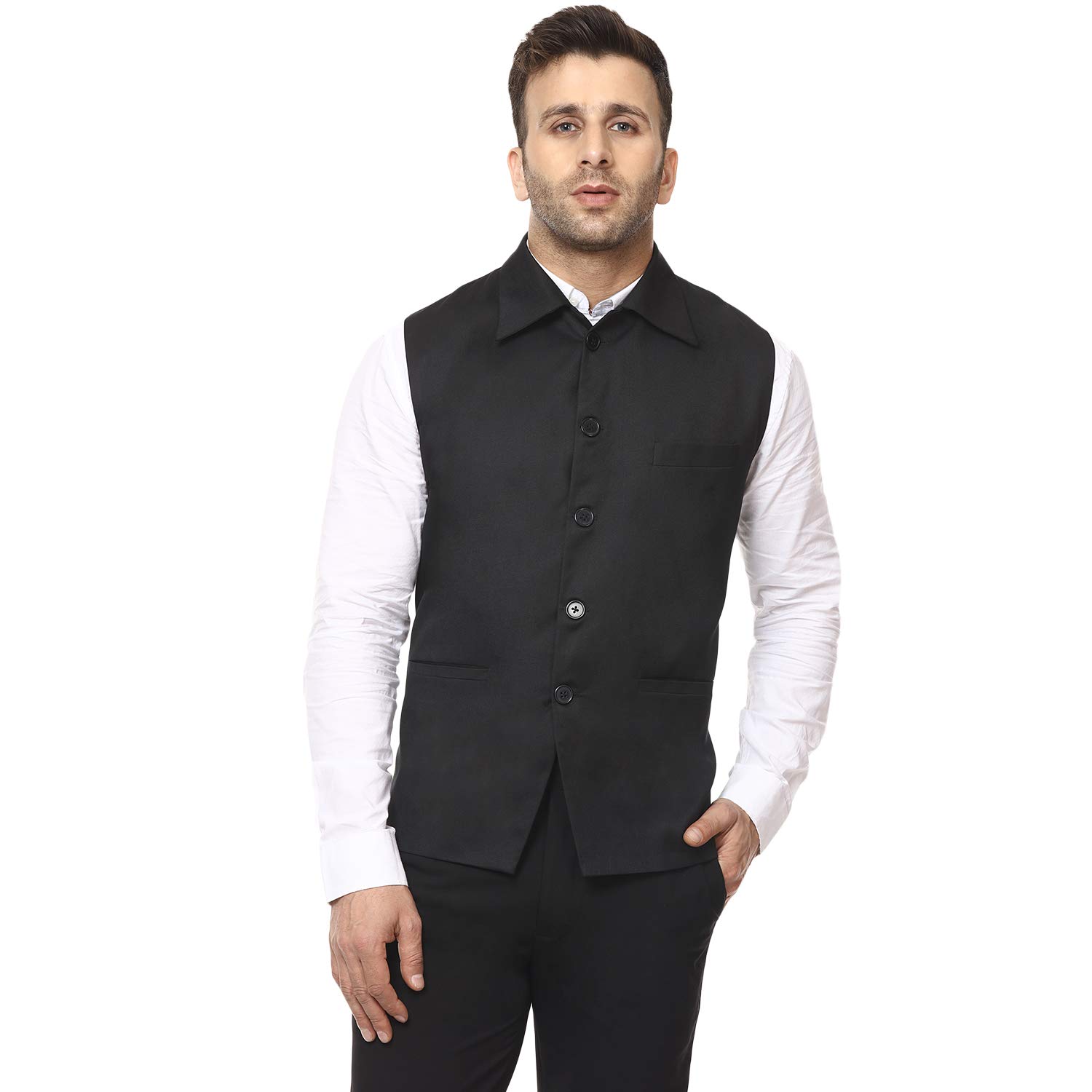 veera paridhaan Solid Black Cotton Poly Collared sleevless Nehru Jacket-picture-13