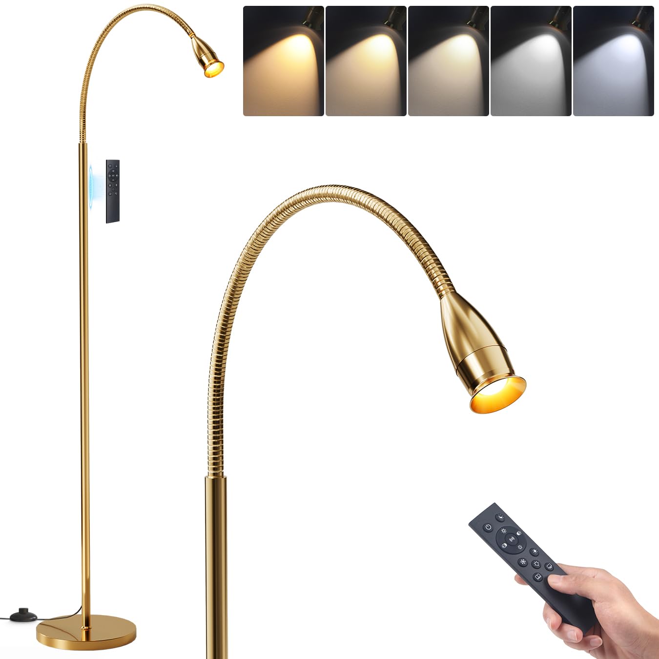 SpeePlant Reading Floor Lamp, 73" Standing Lamp with Dimmable Zoomable LED Spotlight, Adjustable Color Beam and Flexible Gooseneck, Remote & Pedal