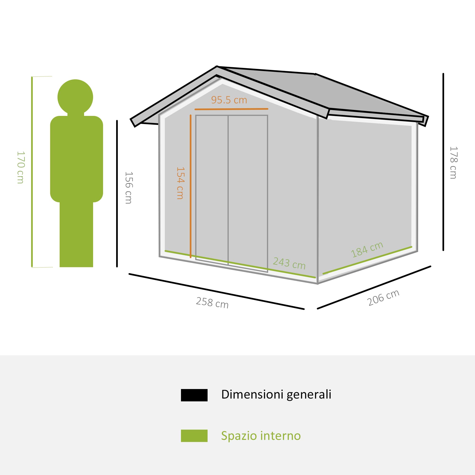 Outsunny Casetta da Giardino Porta Utensili con Base 258x206x178cm Verde | Lamiera di Acciaio, Capanno da Giardino in Acciaio, Porte Scorrevoli