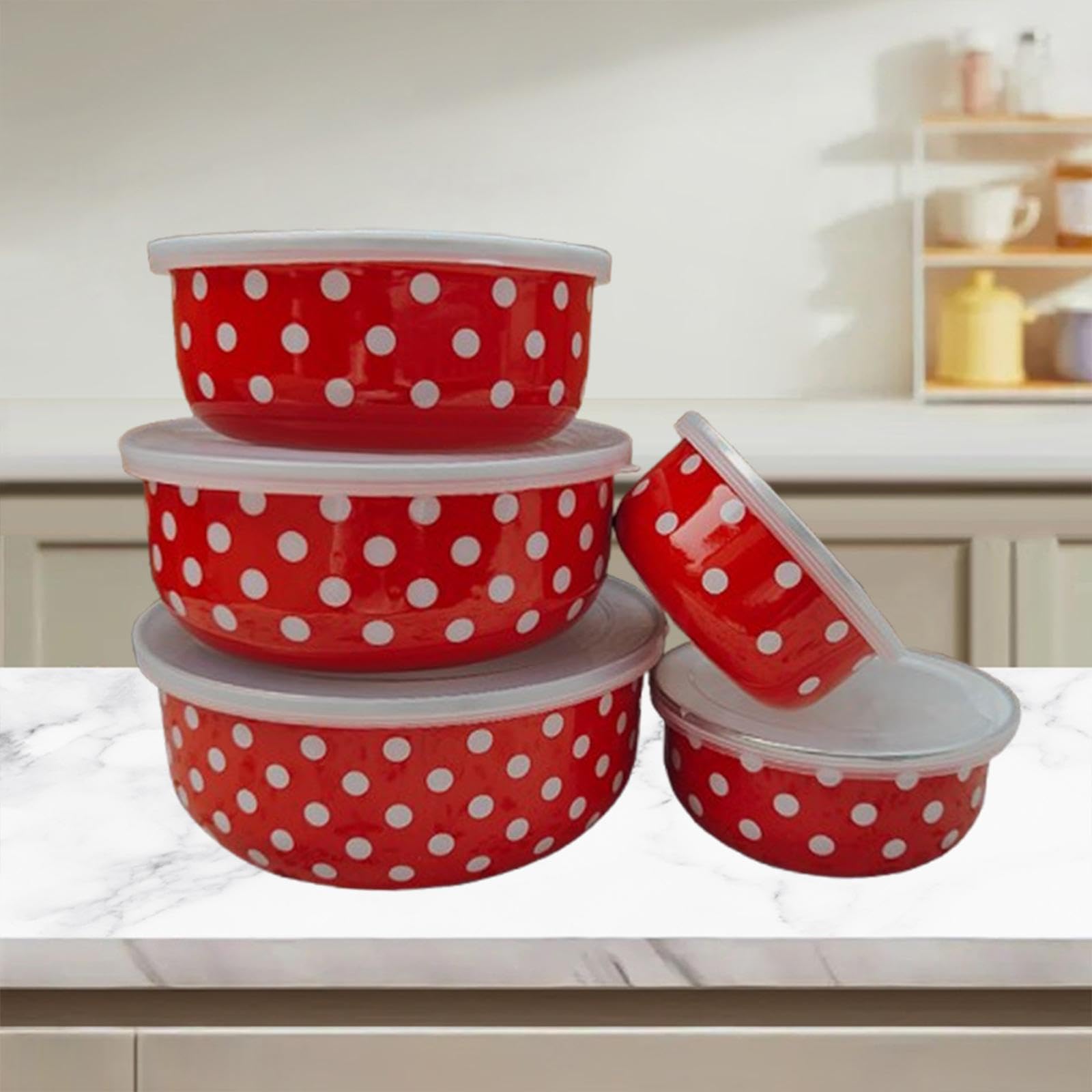 Sharplace 5pcs Email Bedeckte Schalen Lagerbehälter Tabelle Geschirr Mehrzwecknistlager -Set Früchte Salatschalen zum Vorbereiten des Backens, Rot