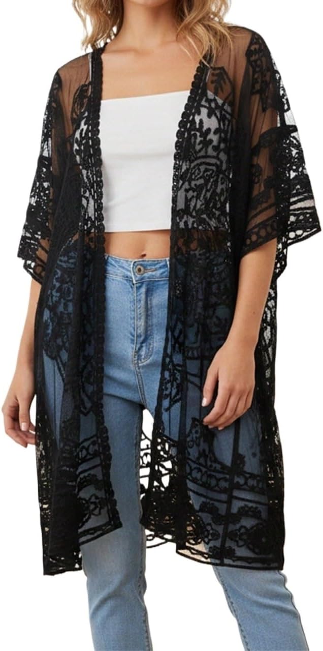 Womens Bathing Suit Cover Up 3/4 Sleeve Mesh Swimsuit Coverup Long Beach Lace Kimono Cardigan cover ups for swimwear