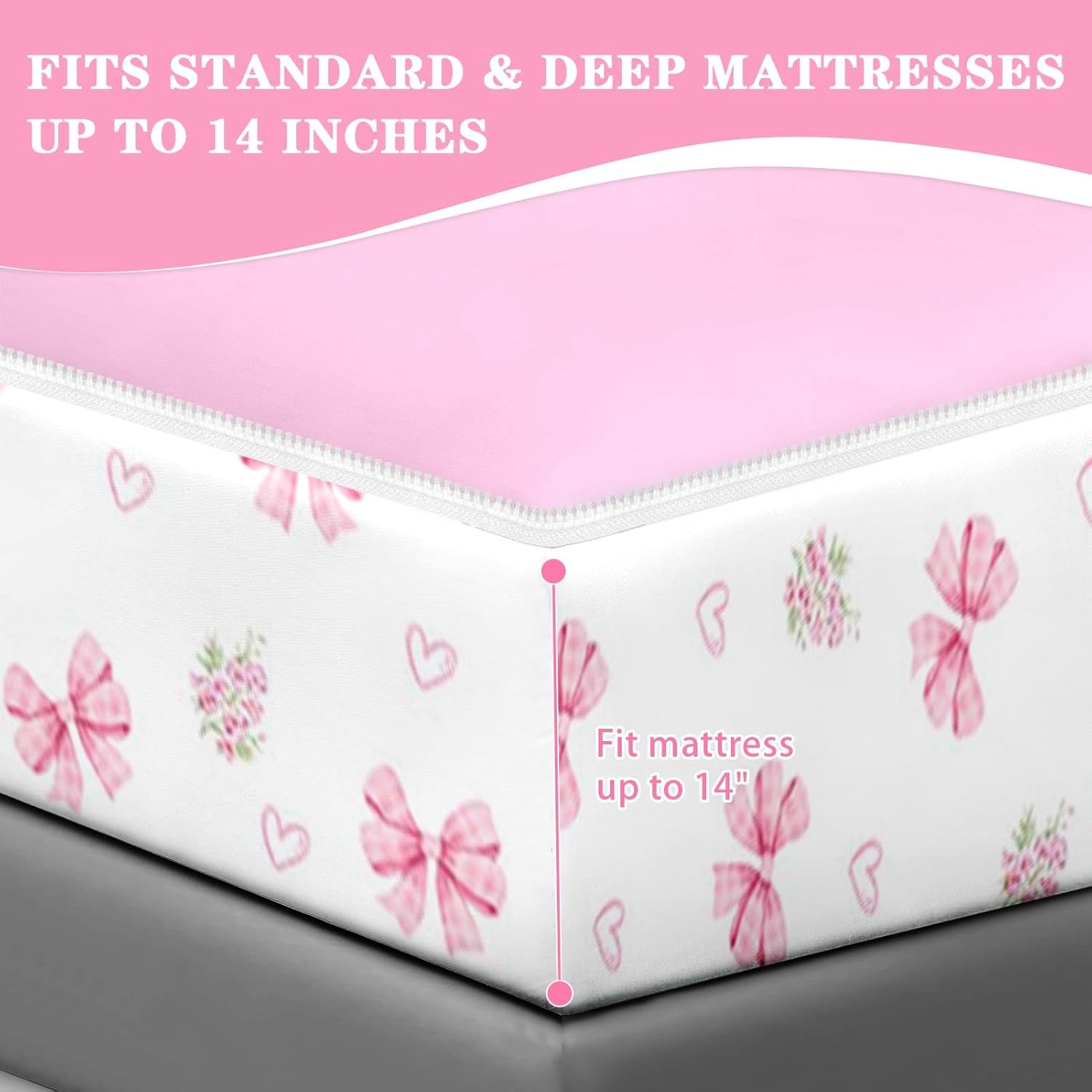 Nesker Full Zipper Bedding, Pink Bowknot Zipper Bedding Sets for Girls, 3pcs All in on one, Princess Flower Kids Comforter Set with Fitted Sheet and 2 Pillowcases