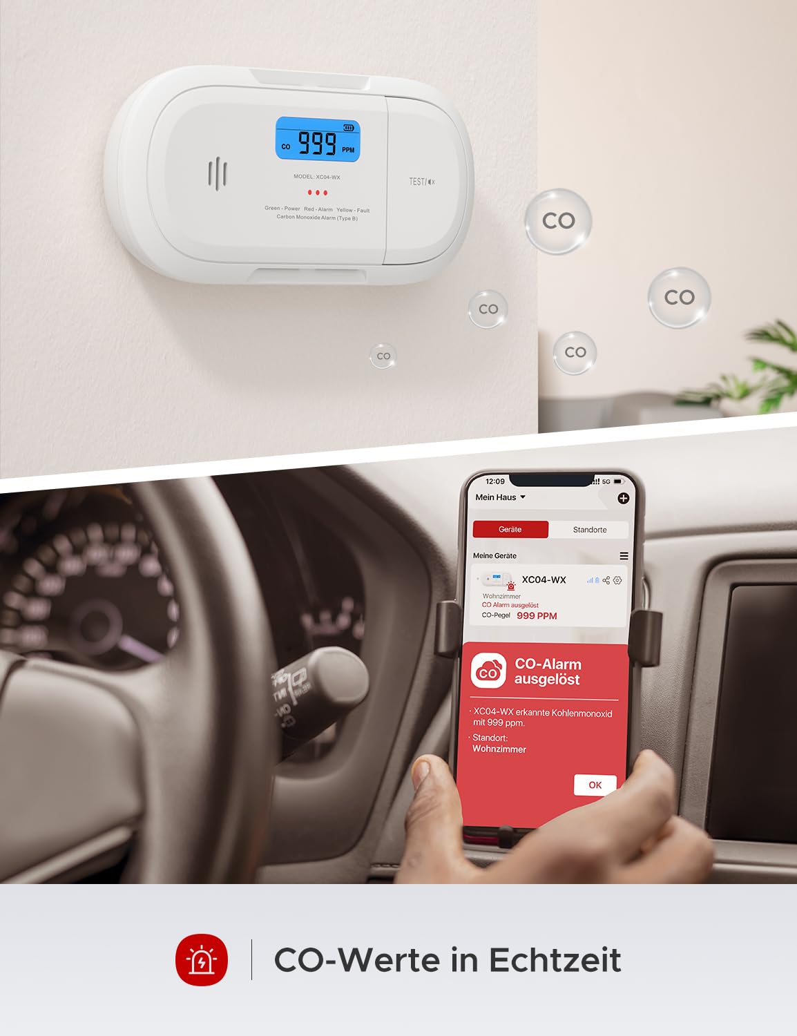 X-Sense Smart-Kohlenmonoxidmelder, WLAN-Kohlenmonoxidmelder, Echtzeit-Push-Benachrichtigungen über X-Sense Home Security-App, austauschbare Batterie, freistehendes Design, XC04-WX