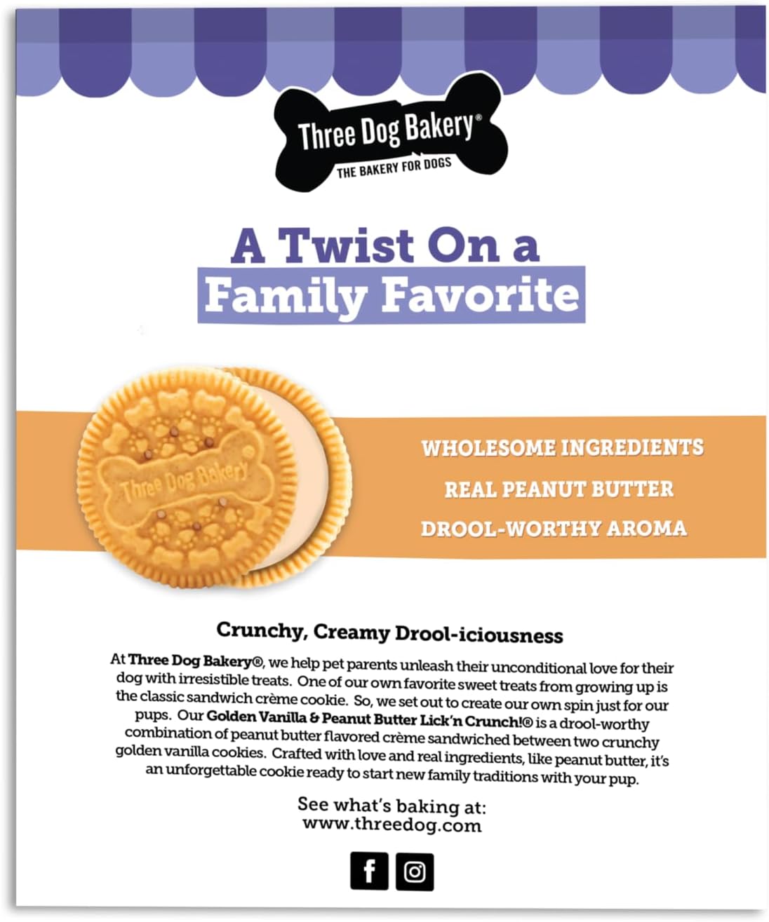 Three Dog Bakery Lick'n Crunch Sandwich Cookies Premium Dog Treats with No Artificial Flavors, Golden & Peanut Butter Flavor, 13 Ounces (Pack of 6)