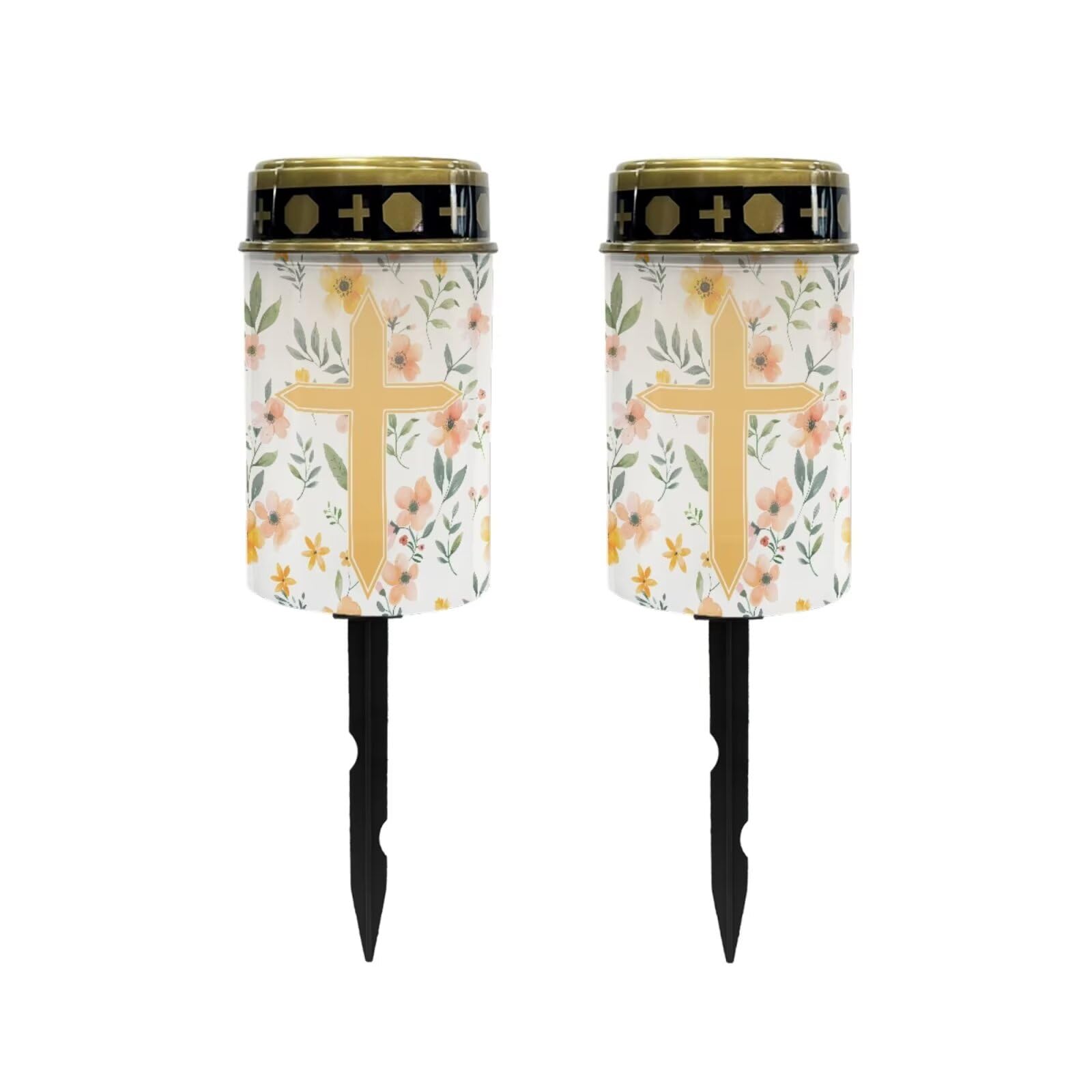 Poceacles Cross Solar Lights Outdoor Solar Powered Outdoor Cemetery Stake Lights Grave Solar Lamp Landscape Lighting Waterproof Grave Flameless Candles, Yellow Floral Cross, Pack of 2