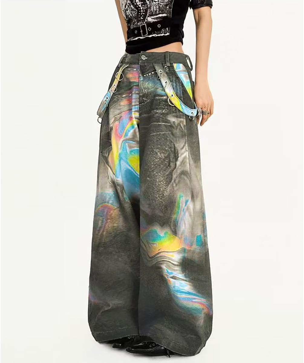 Women's Retro American Color Printed Wide Leg Jeans with Fashionable Personalized Design Loose Y2K Hip-hop Style - Image 4