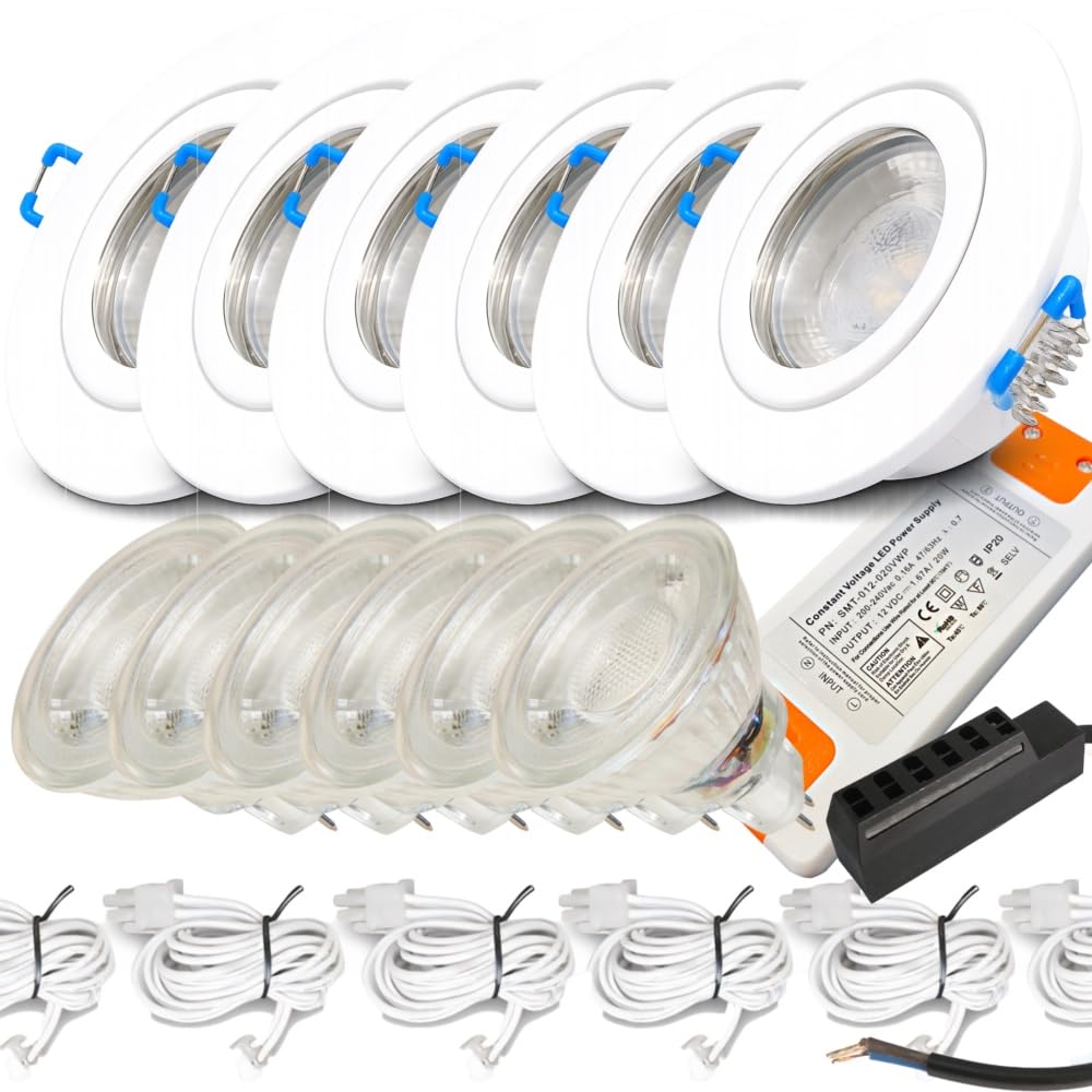LED Einbaustrahler 6er Set – 12V, 3W, Neutralweiß (4000k) – IP44 Feuchtraum geeignet – Inkl. Treiber, MR16 Fassung und Zuleitung (120 cm) & Verteiler – Ideal für Bad, Küche, Dusche & Außenbereich.