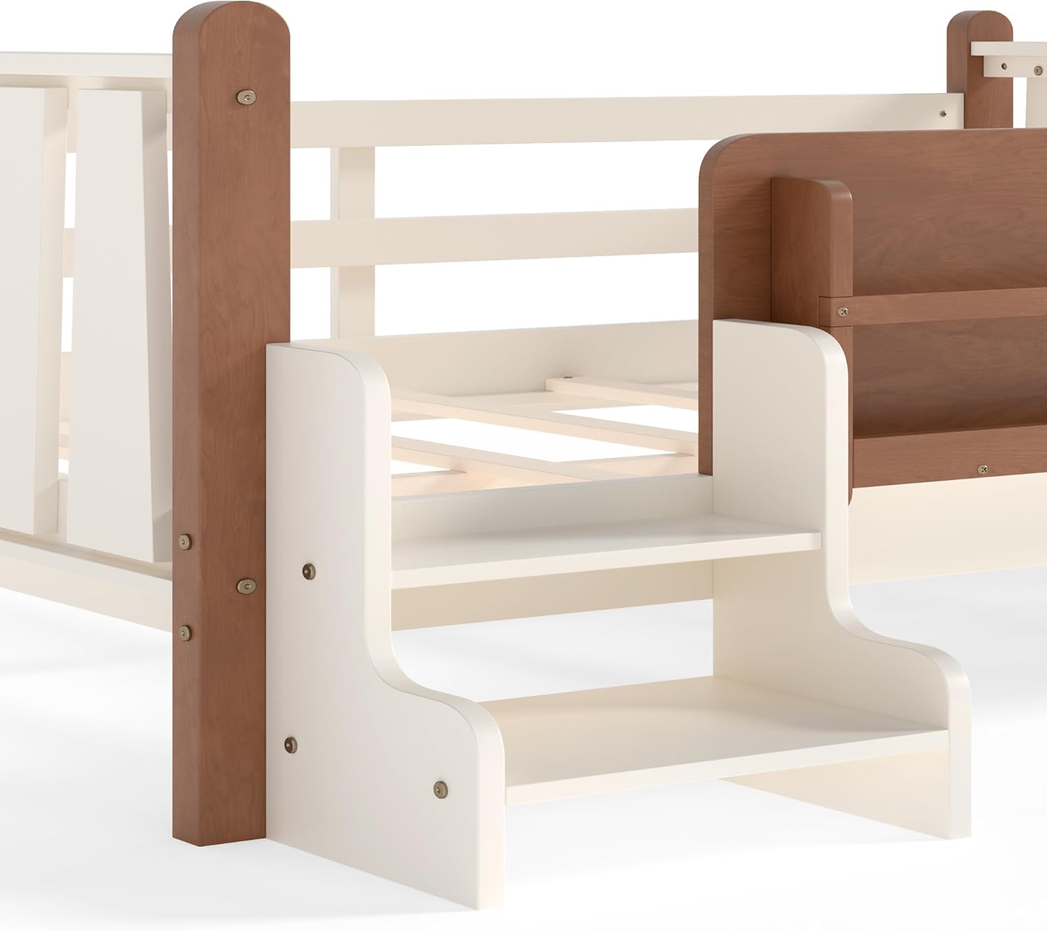 Full Size Montessori Bed for Girls Boys, Full Low Bed Frame with Built-in Bookshelf, Safety Rails, Small Staircase, Easy Assembly, No Box Spring Needed, Wood Slat Support, 550 Lbs Load, Beige