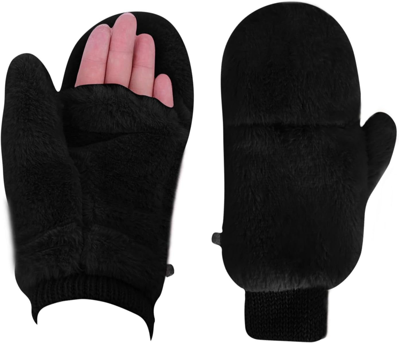 Piewag Winter Faux Fur Convertible Mittens for Women Girls Thermal Warm Half Finger Fingerless Gloves